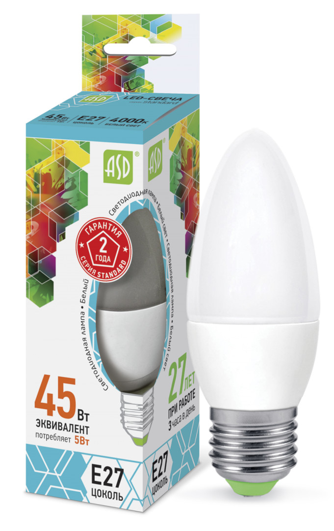 Лампа светодиодная LED-СВЕЧА-standard 5Вт 230В Е27 4000К 450Лм ASD Лампа светодиодная LED-СВЕЧА-standard 5Вт 230В Е27 4000К 450Лм ASD