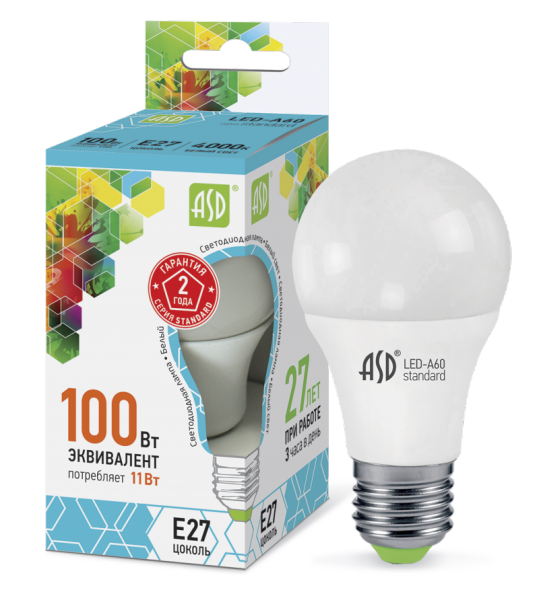 Лампа светодиодная LED-A60-standard 11Вт 230В Е27 4000К 990Лм ASD Лампа светодиодная LED-A60-standard 11Вт 230В Е27 4000К 990Лм ASD
