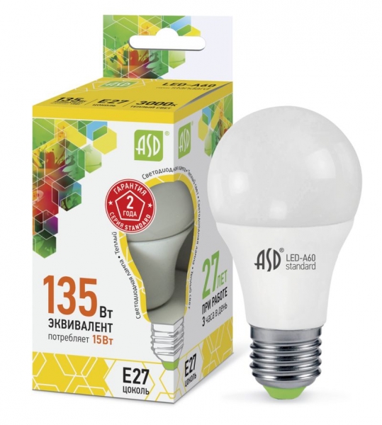 Лампа светодиодная LED-A60-standard 15Вт 230В Е27 3000К 1350Лм ASD Лампа светодиодная LED-A60-standard 15Вт 230В Е27 3000К 1350Лм ASD