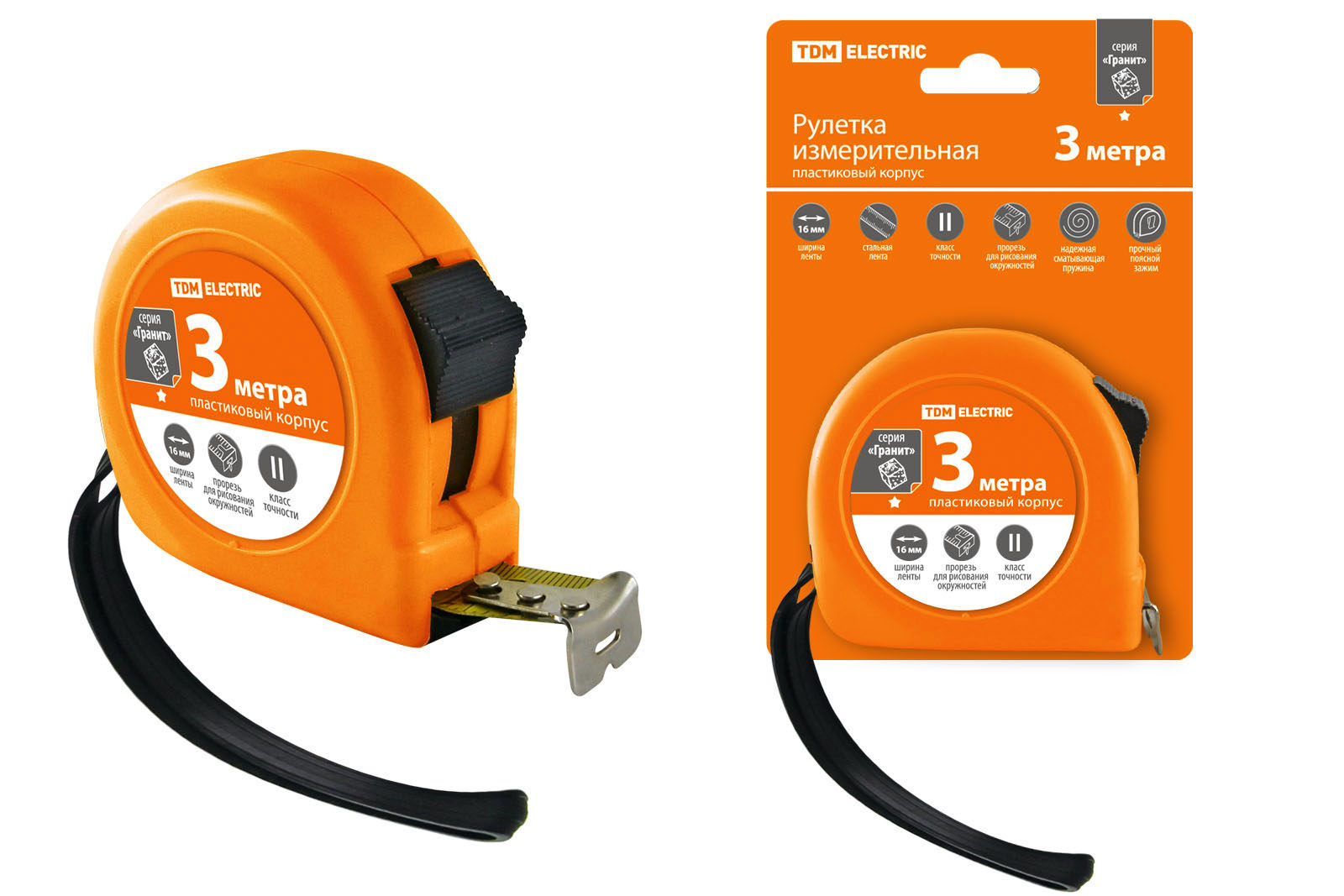 Рулетка, длина 3 м, стальная лента, ширина 16 мм, пластиковый корпус, Гранит